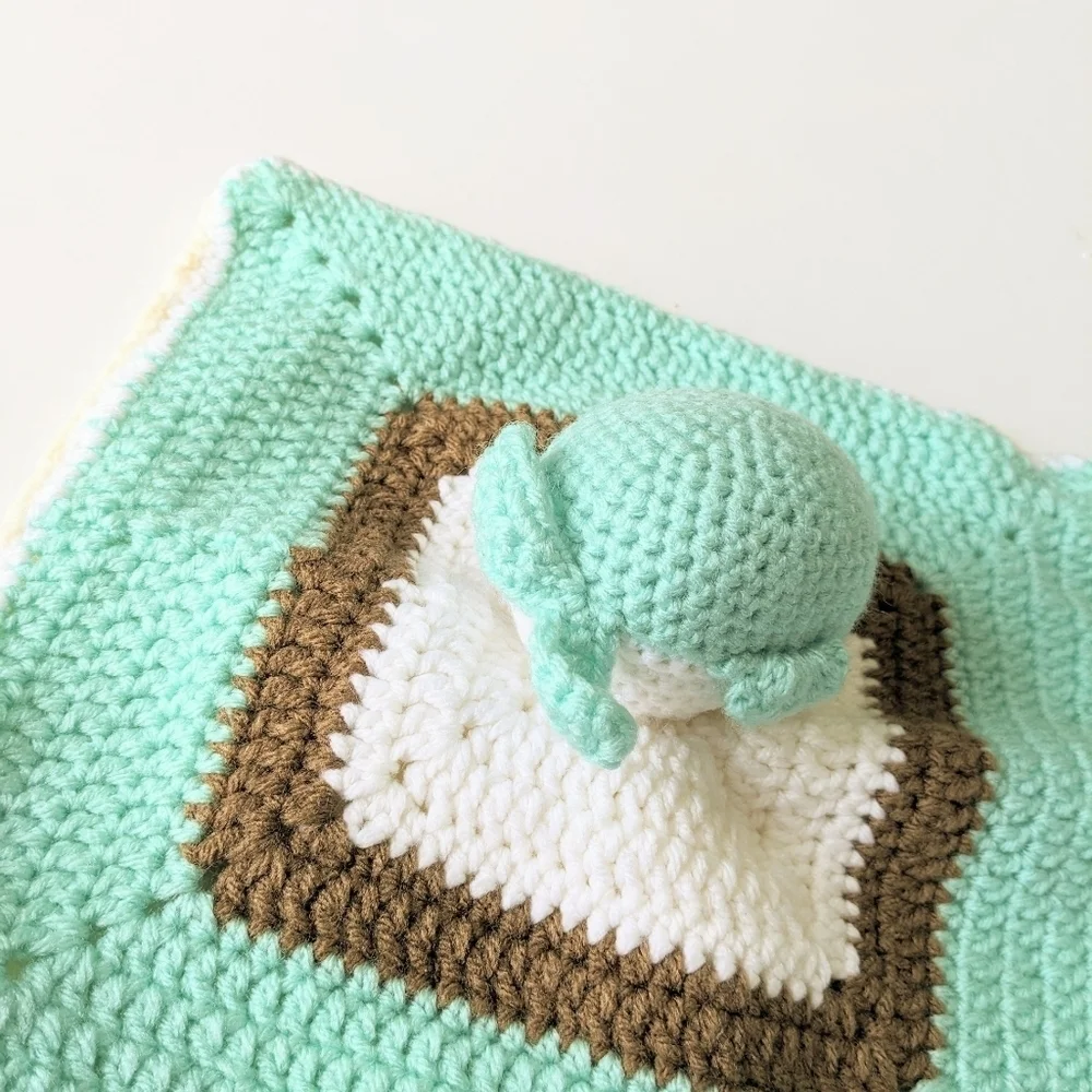 Handmade Matching Crochet Whale Lovey Baby Crib Set in Aqua and Brown-ish/Tan